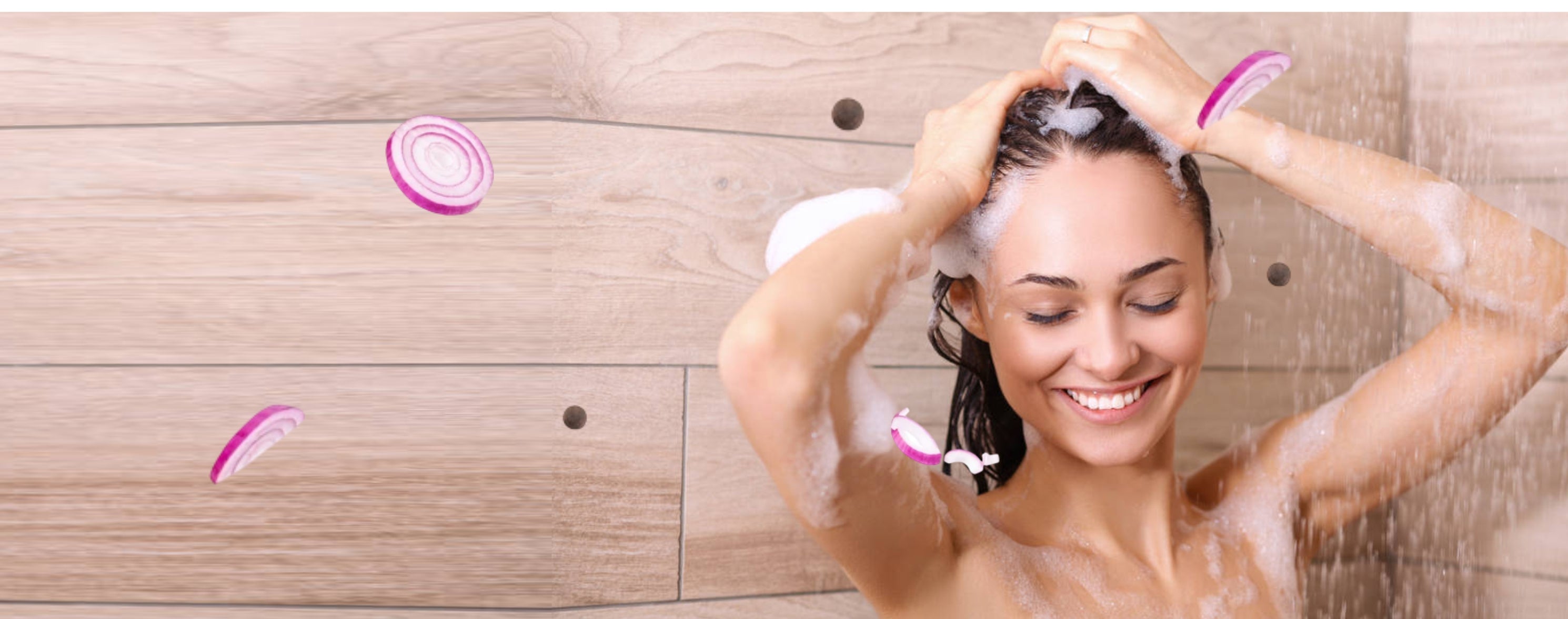 Woman applying Volvet Vogue TenX Onion Shampoo for hair fall control and healthy regrowth